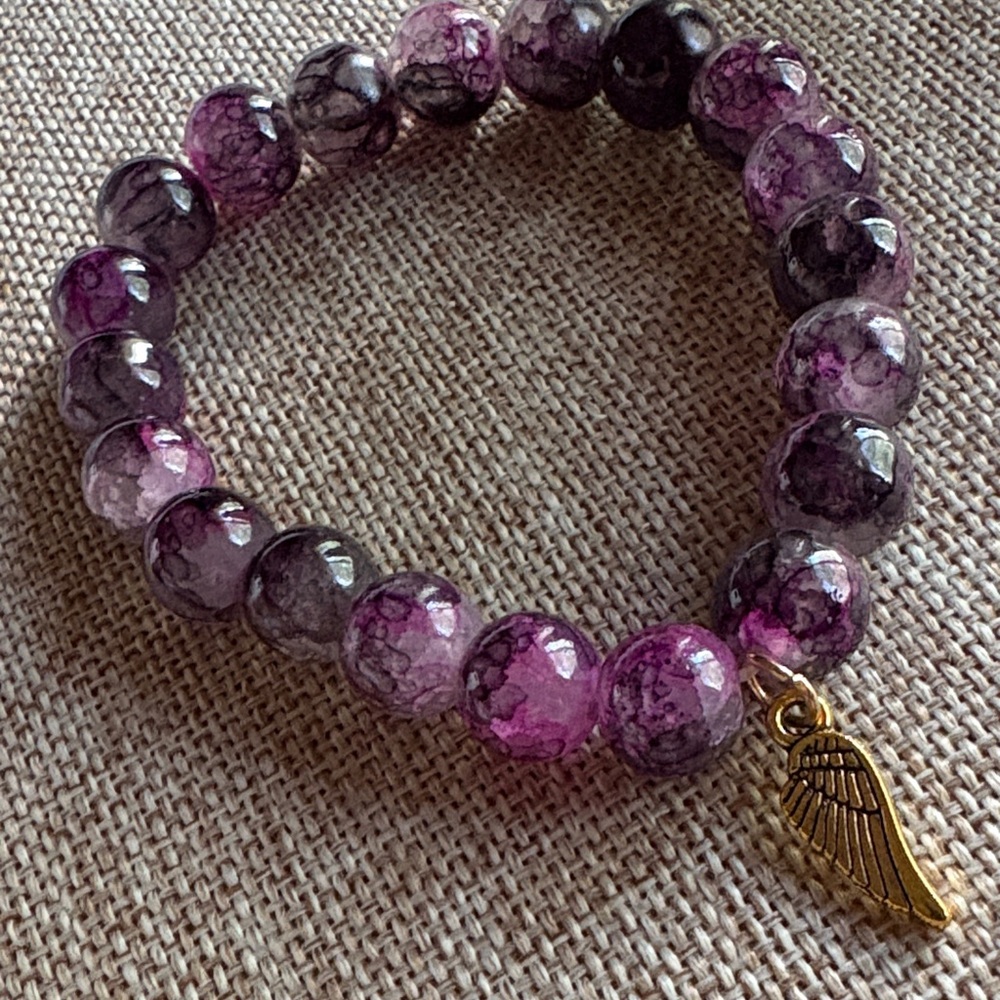 Purple Beaded Bracelet with Gold Wing Charm